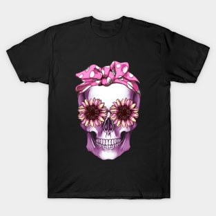 Cool skull pink bandana and sunflowers skull mask face T-Shirt